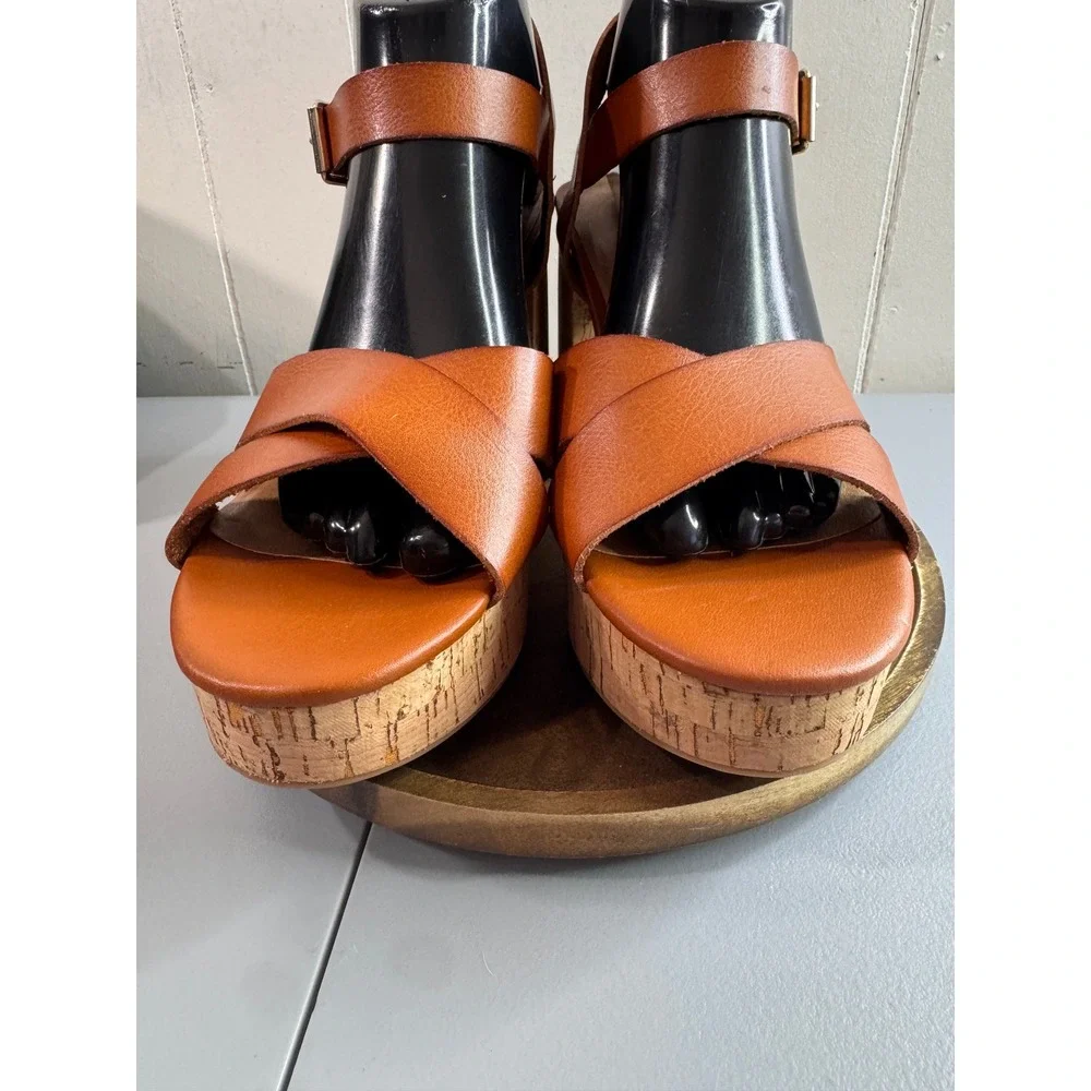Platform Sandals Womens 8.5 Brown Cork Block Heel Buckle Ankle Strap EUC